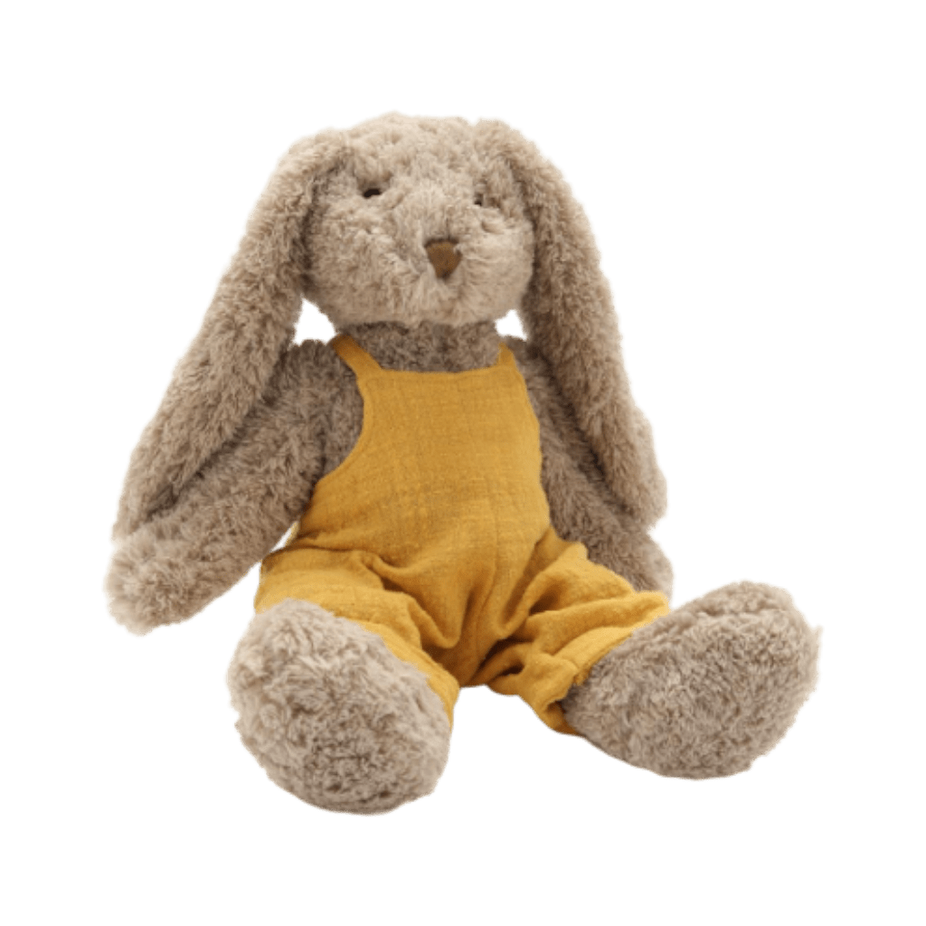 Nana Huchy Mr Honey Bunny wearing mustard overalls personalise baby name with embroidery