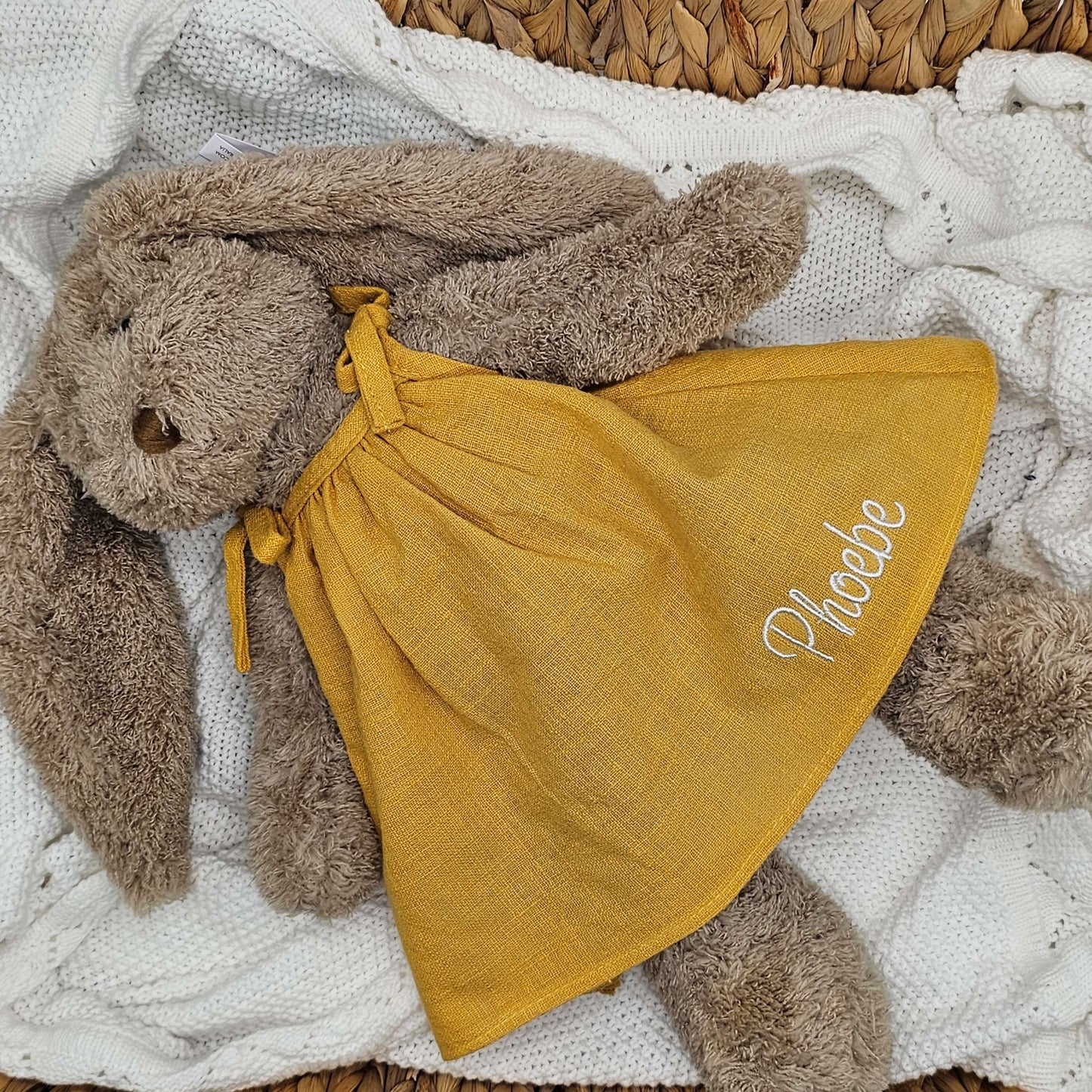 Mrs Honey Bunny wearing mustard dress personalised baby name with embroidery