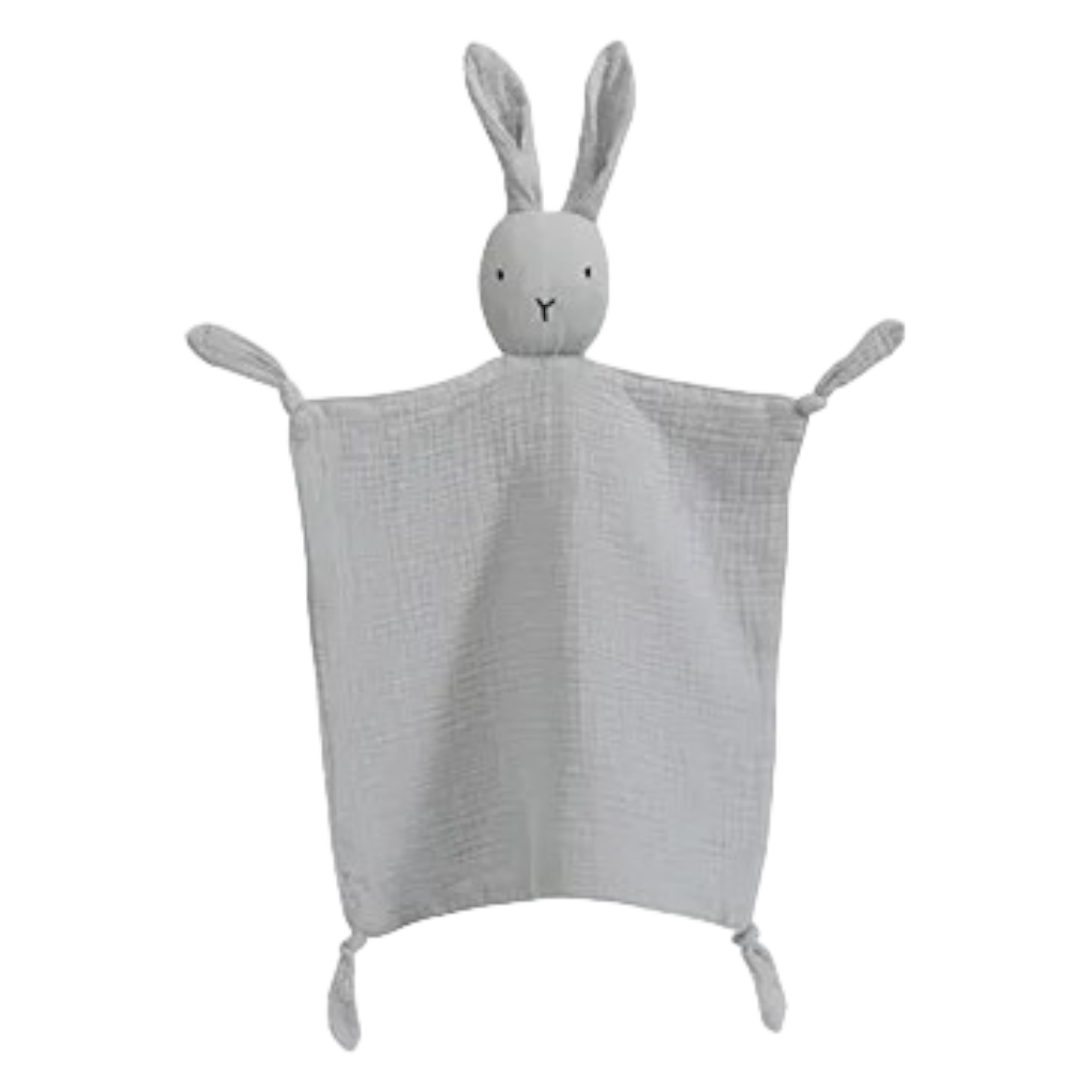 Grey Muslin Bunny Baby Comforter personalise child name with embroidery