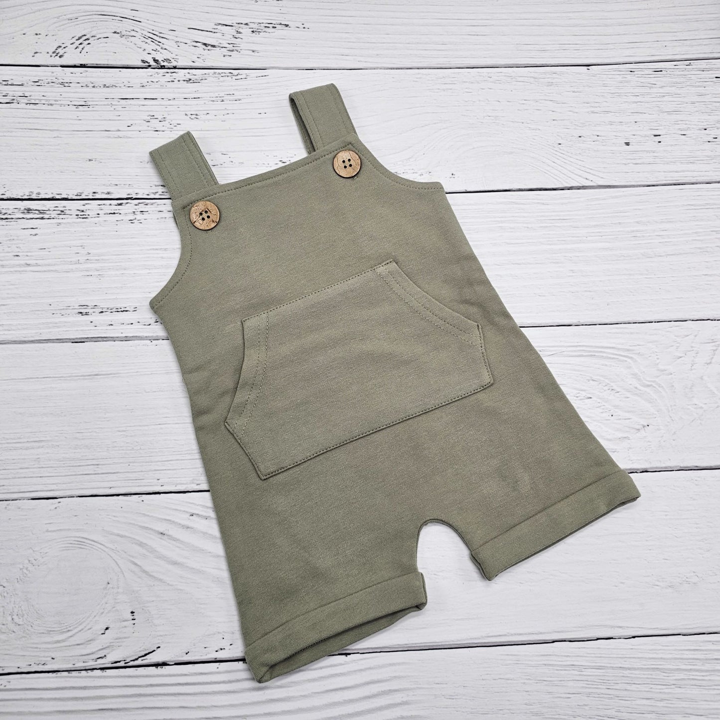 Khaki Green Baby and Toddler overalls that can be embroidered with babies name