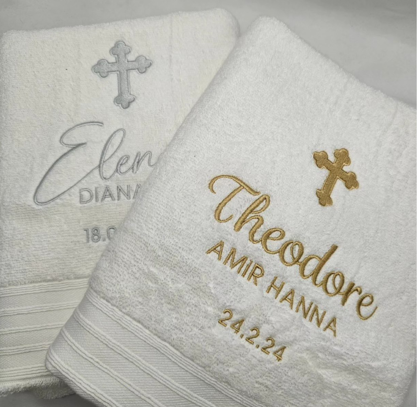 Personalised christening bath towels with gold and silver embroidery