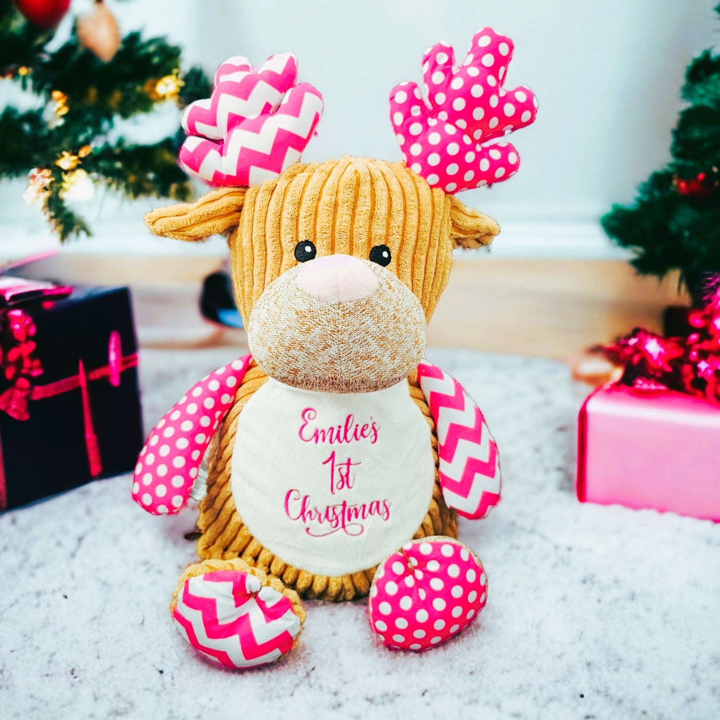 bright pink reindeer teddy 1st christmas kids name embroidered