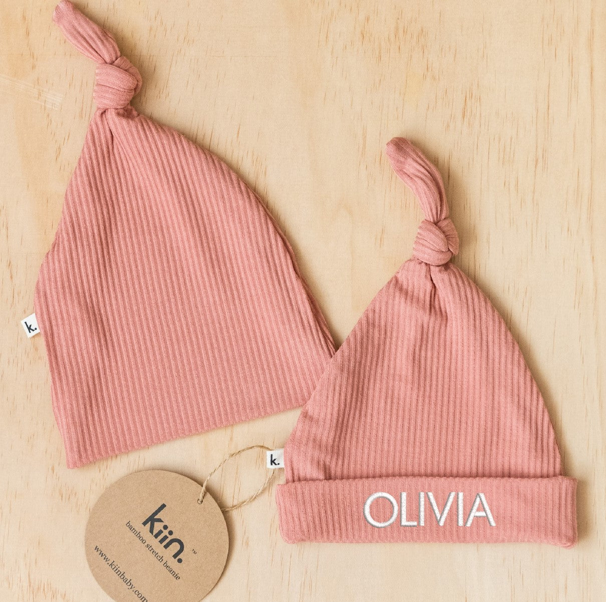 pink newborn beanie personalised with embroidery