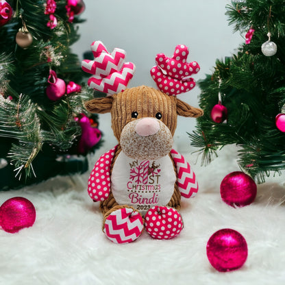 bright pink reindeer teddy personalised with embroidery first christmas