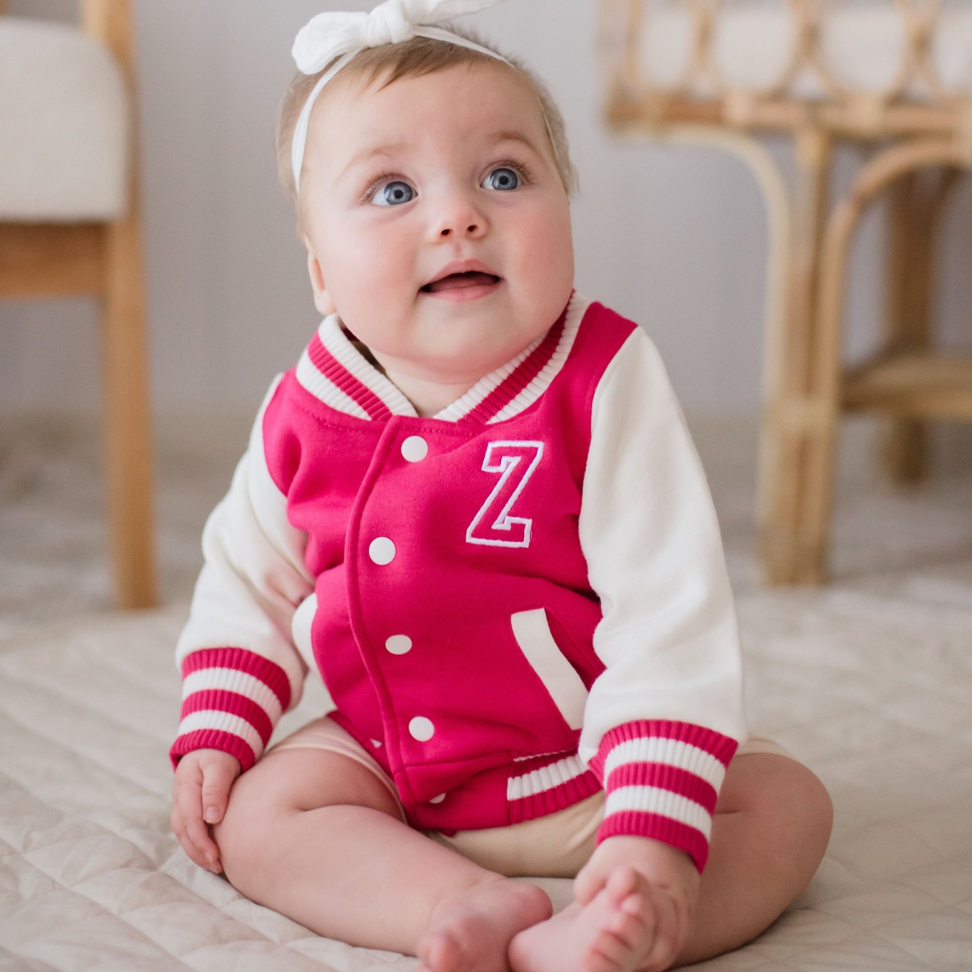 Pink Baby and Kids Varsity College Jackets personalised with Embroidery