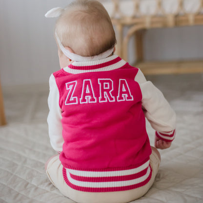 Pink Baby and Kids Varsity College Jackets personalised with Embroidery