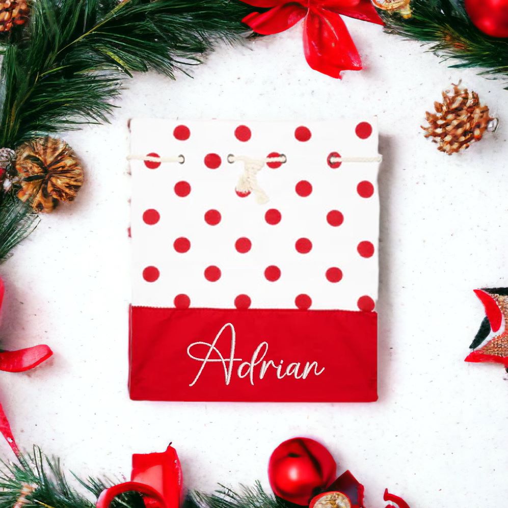 Red Polka Dot Santa Sack personalised with embroidered name