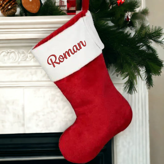 Red christmas stocking personalised with name embroidery