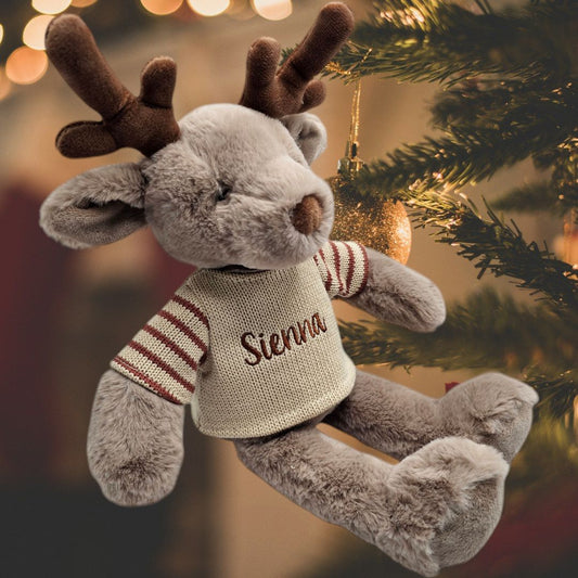 Soft Brown reindeer wearing a knit jumper personalised with name embroidery