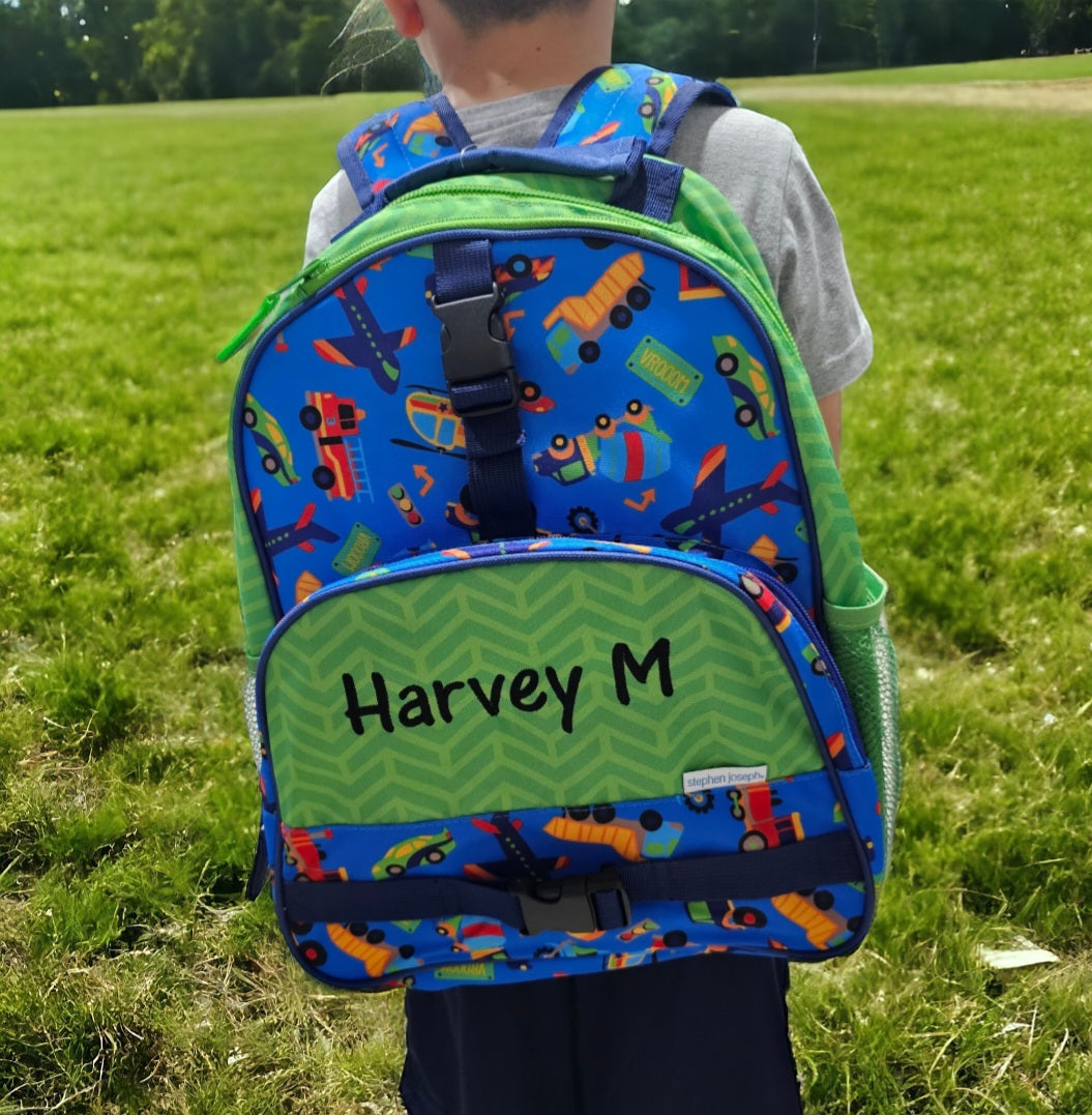 Personalised kids school backpack with embroidered name cars