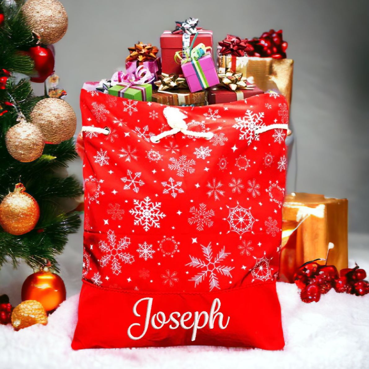 Christmas santa sack with snowflakes personalised with embroidered name