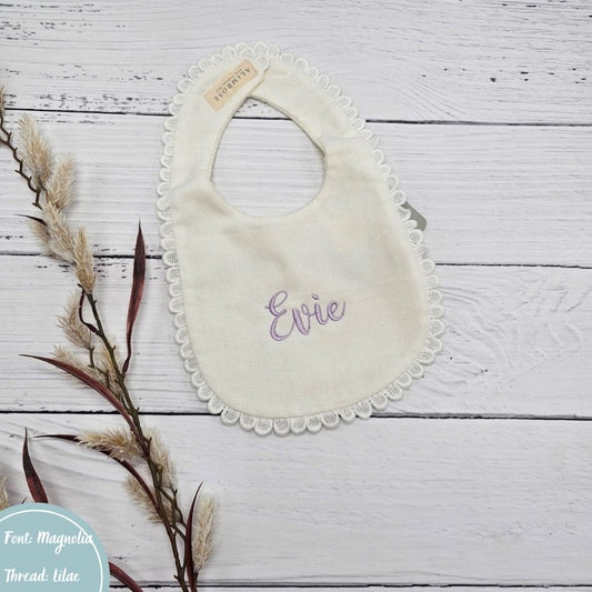 Alimrose White Personalised Bib - Lilac embroidery personalised with baby name