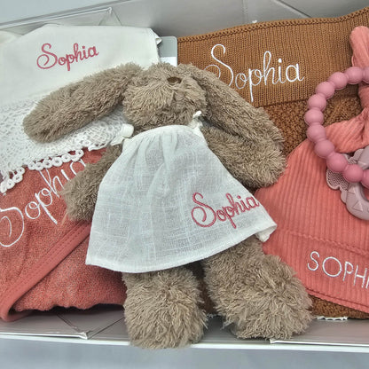 Gift box with blanket, towel, bunny, beanie, bib personalised with embroidery