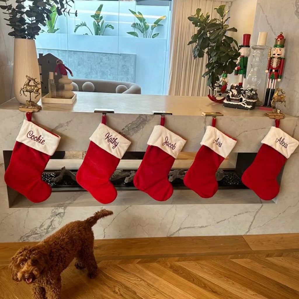 Red Christmas stocking personalised with embroidery name