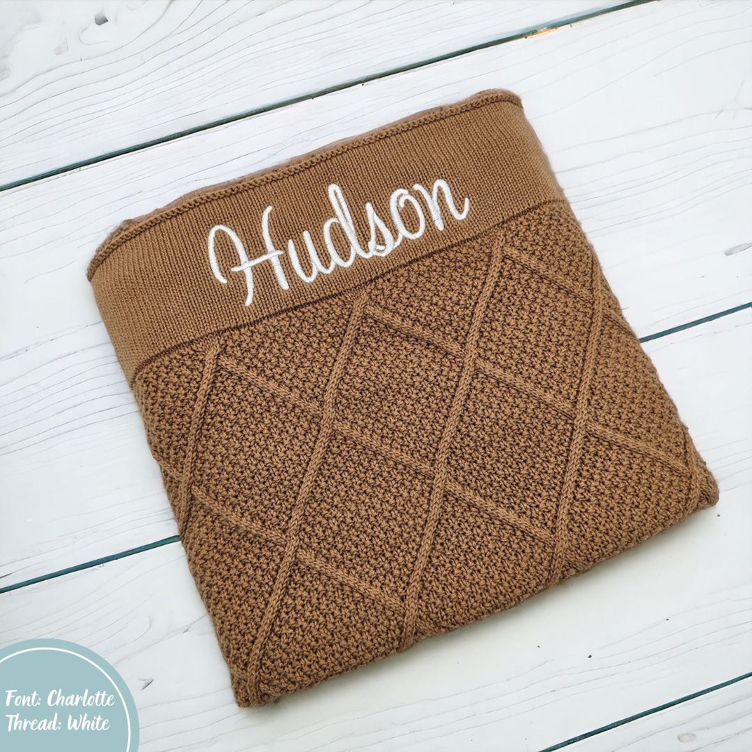 Tan Brown Personalised Diamond Knit Baby Blanket personalise newborn name with embroidery
