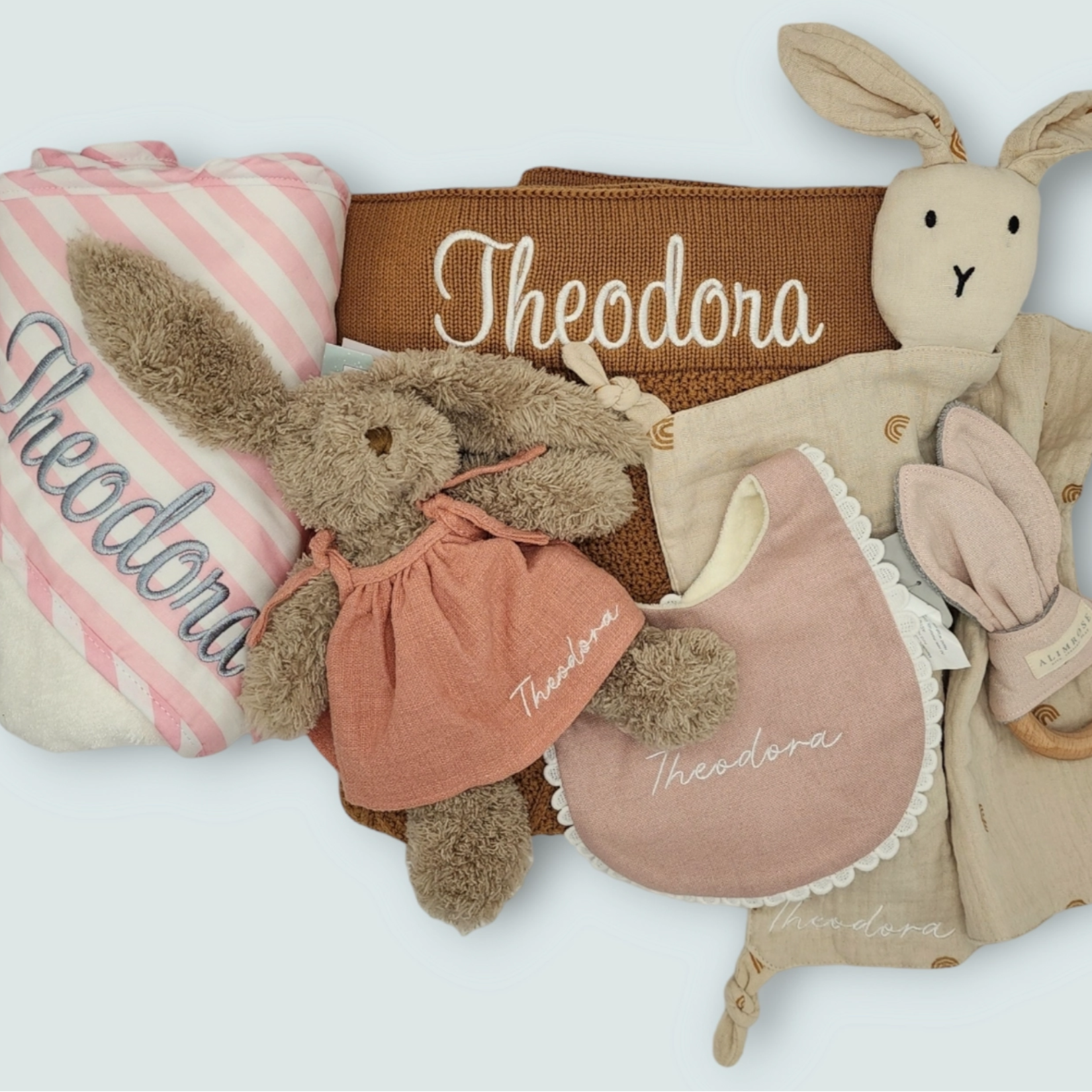 Gift box including towel. bunny, bib, blanket and comforter