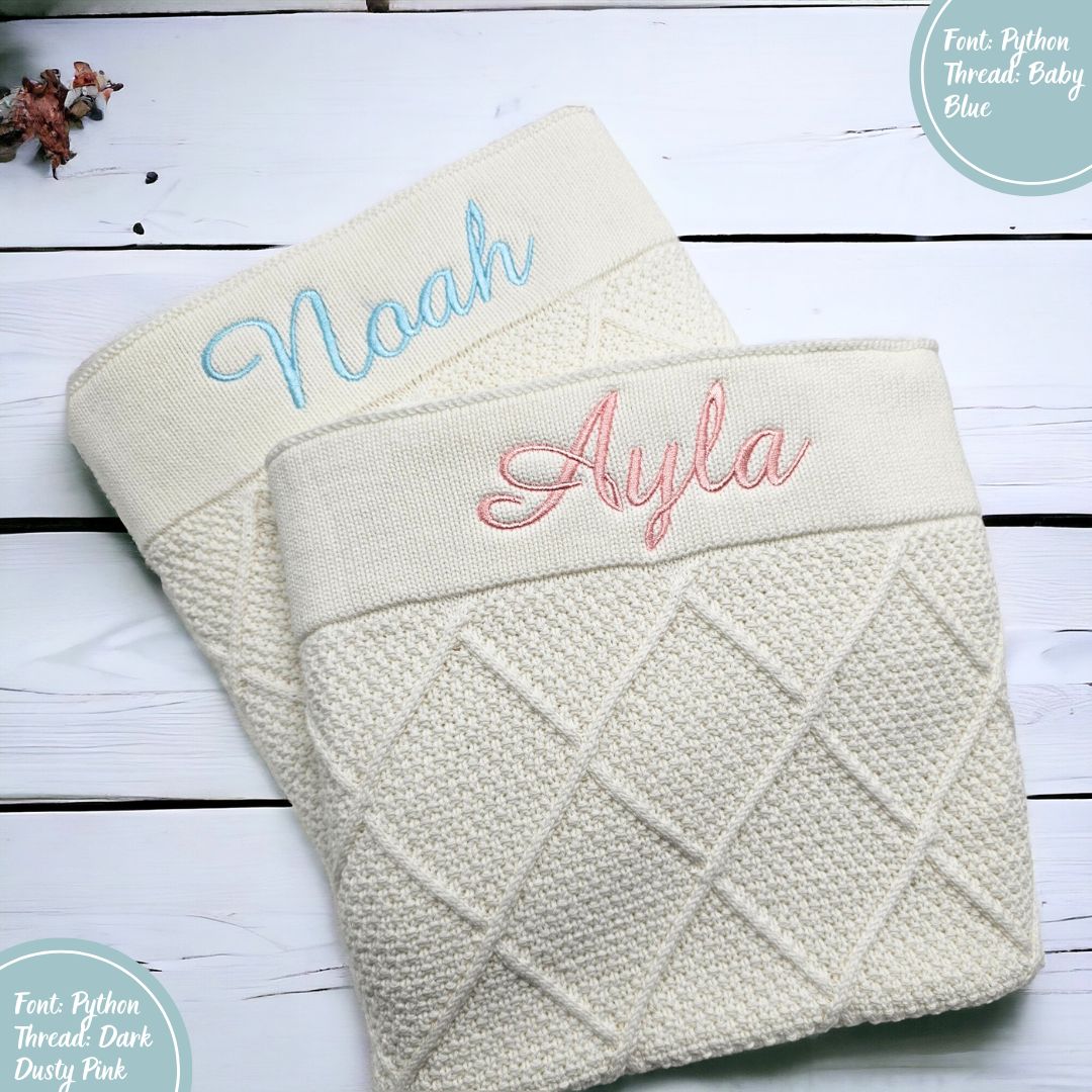 White Diamond Knit Baby Blanket personalised with baby name embroidery Pink thread