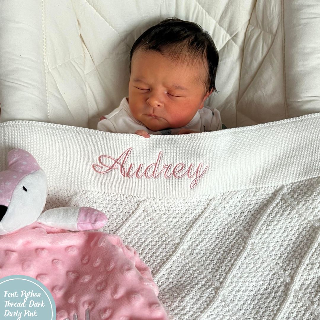 White Diamond Knit Baby Blanket personalised with baby name embroidery Pink thread