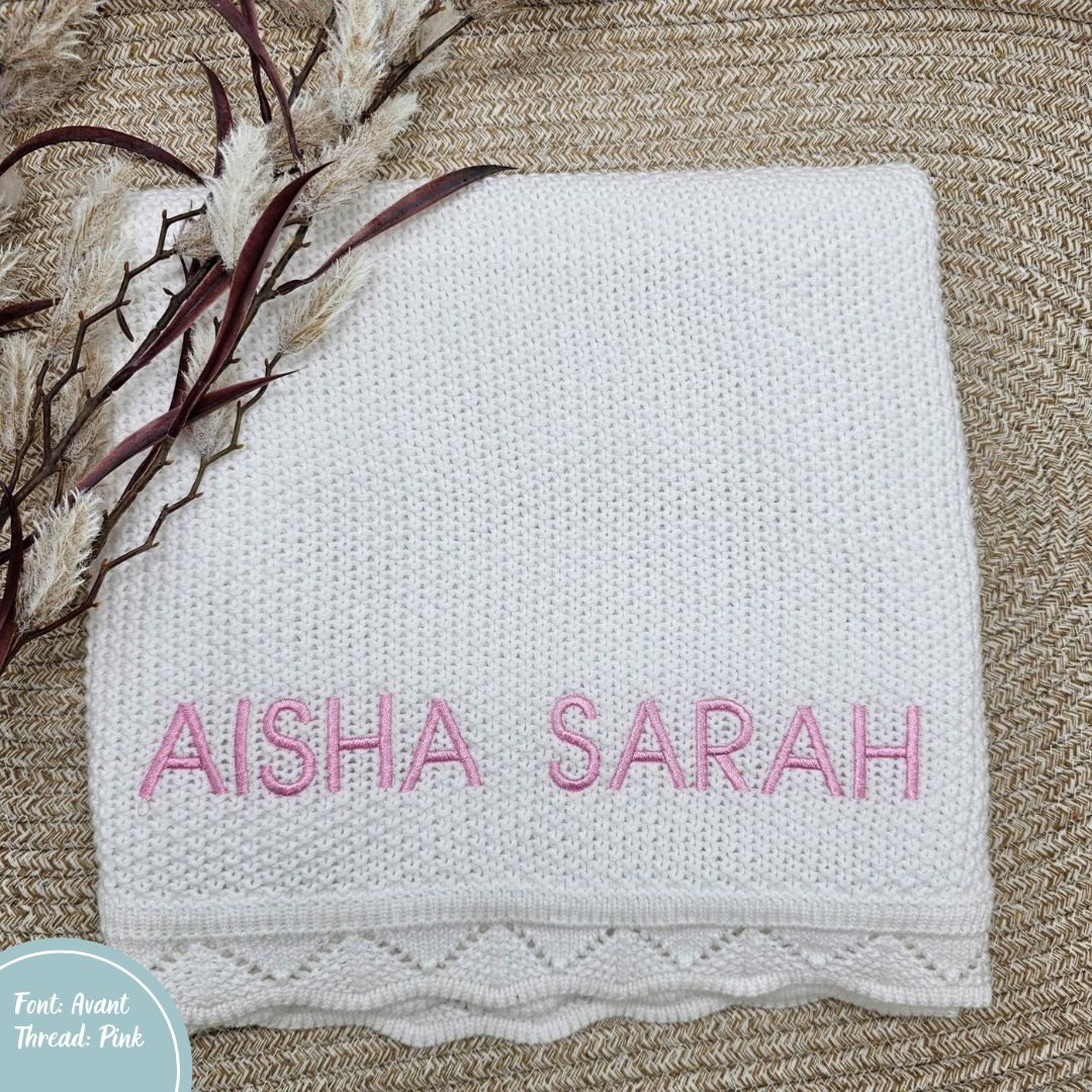White Crochet Knit Blanket personalised with name embroidery 