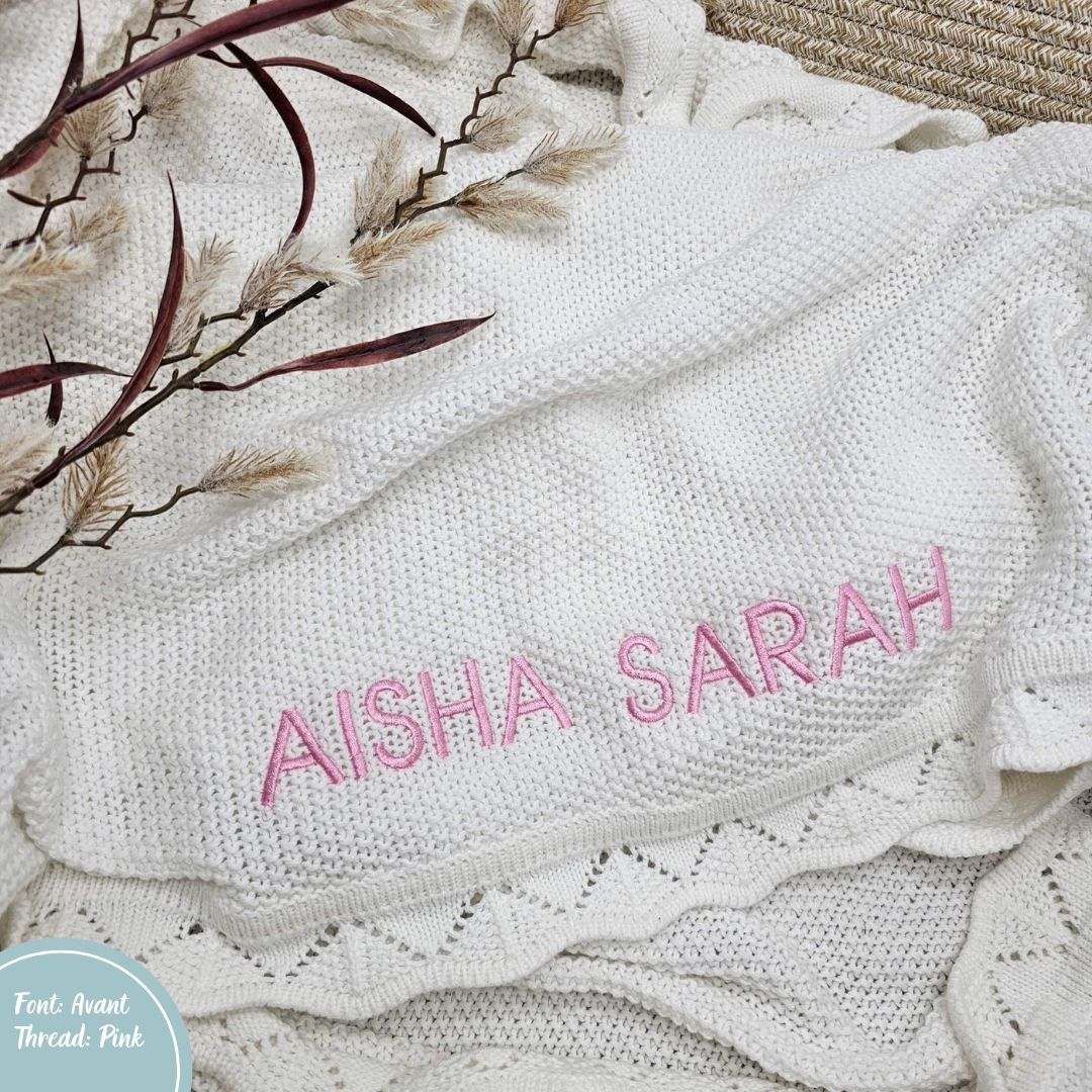 White Crochet Knit Blanket personalised with name embroidery 